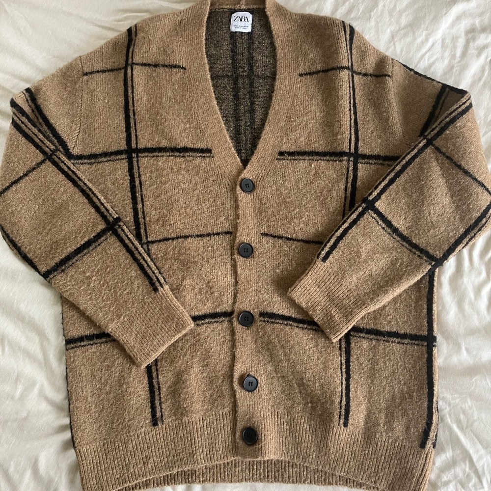 Zara Men's Cardigan - Tan Plaid Size: Medium
